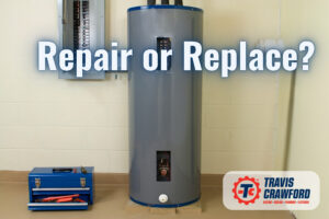 a water heater with a question "Repair or Replace?" posed to Charlotte homeowners wondering what to do with their water heater