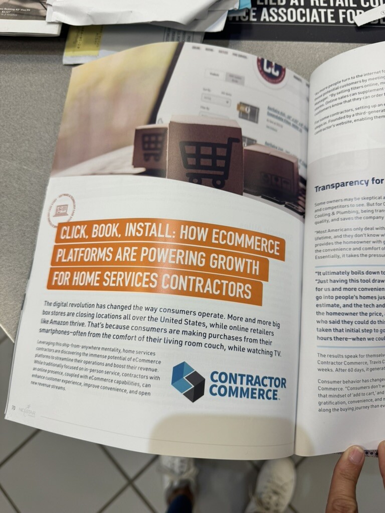 an open magazine showing a case study from Contractor Commerce featuring Travis Crawford's use of an online HVAC quote tool
