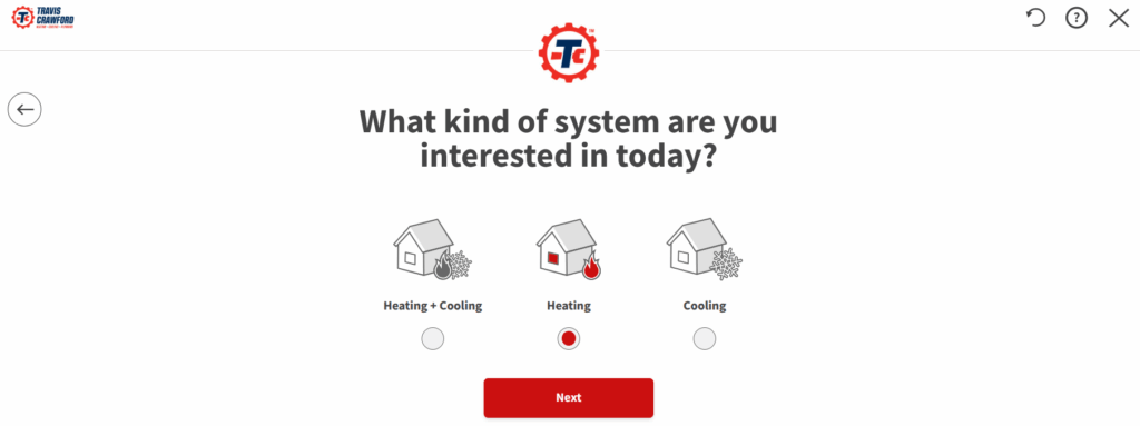 a screenshot of the Travis Crawford online quote system showing the different types of systems you can get a quote for
